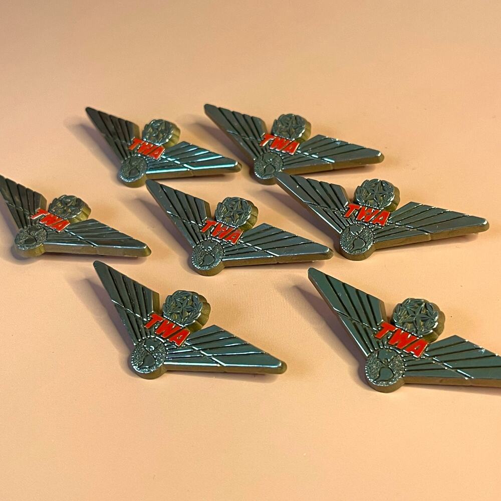 Vintage TWA Trans World Airlines Pilot Wings Pins Lot of 7 Stoffel Seal 2.5"